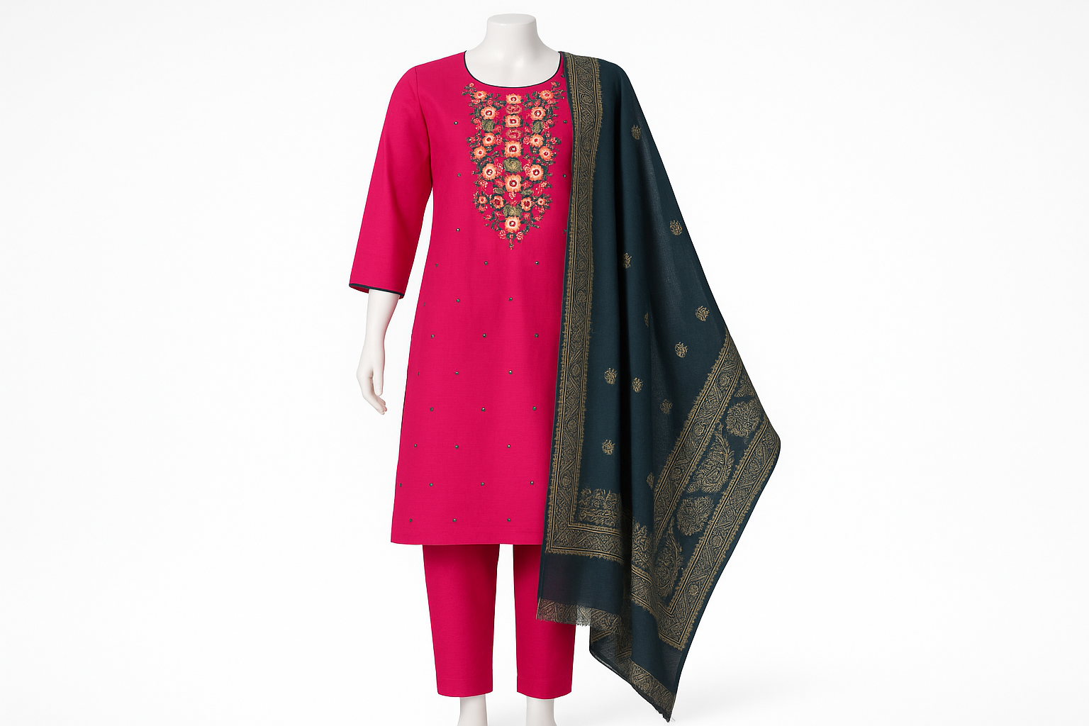 Professional mockup of bright pink embroidered suit set with dupatta