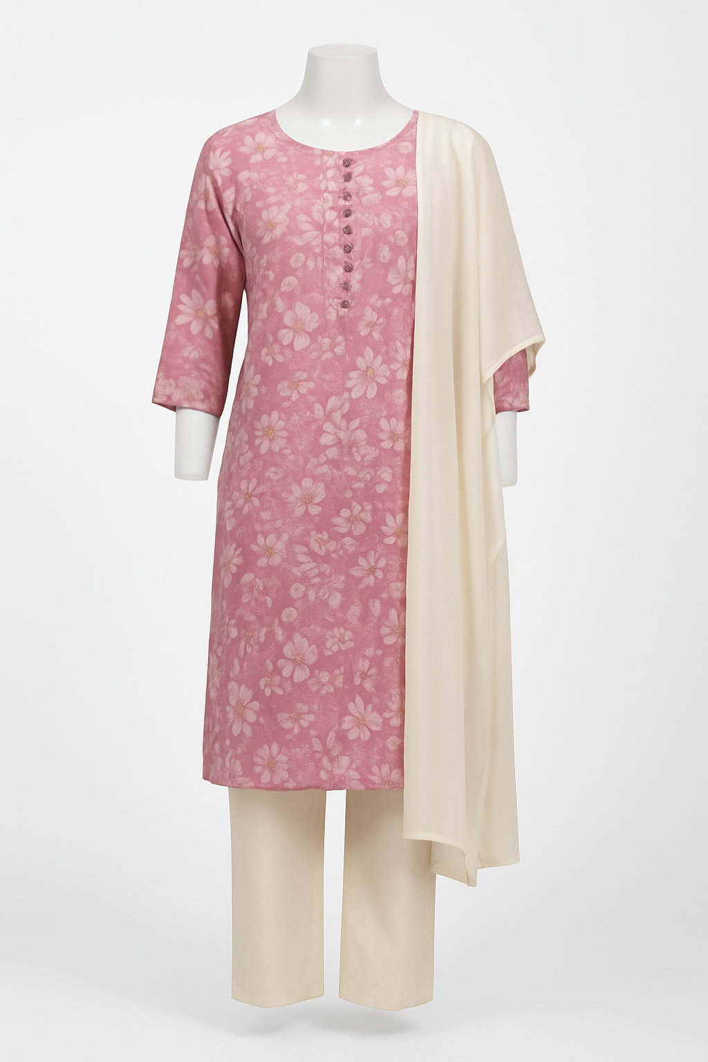 Elegant Pink Floral Suit Set with Off-White Pants