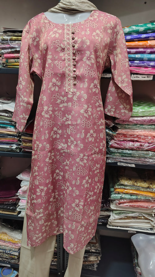 Elegant Pink Floral Suit Set with Off-White Pants