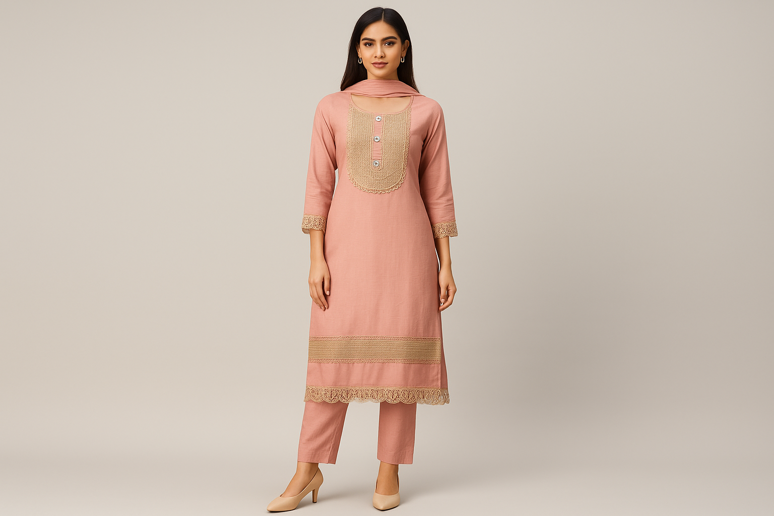 Full-length image of model wearing dusty rose pink embroidered suit