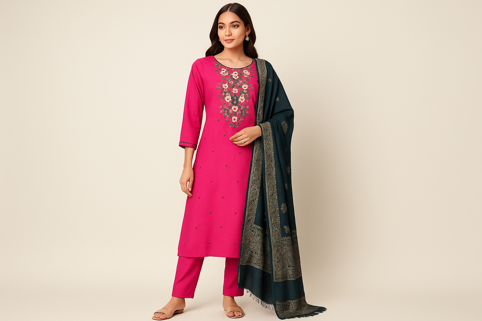 Indian model wearing bright pink embroidered suit with dupatta
