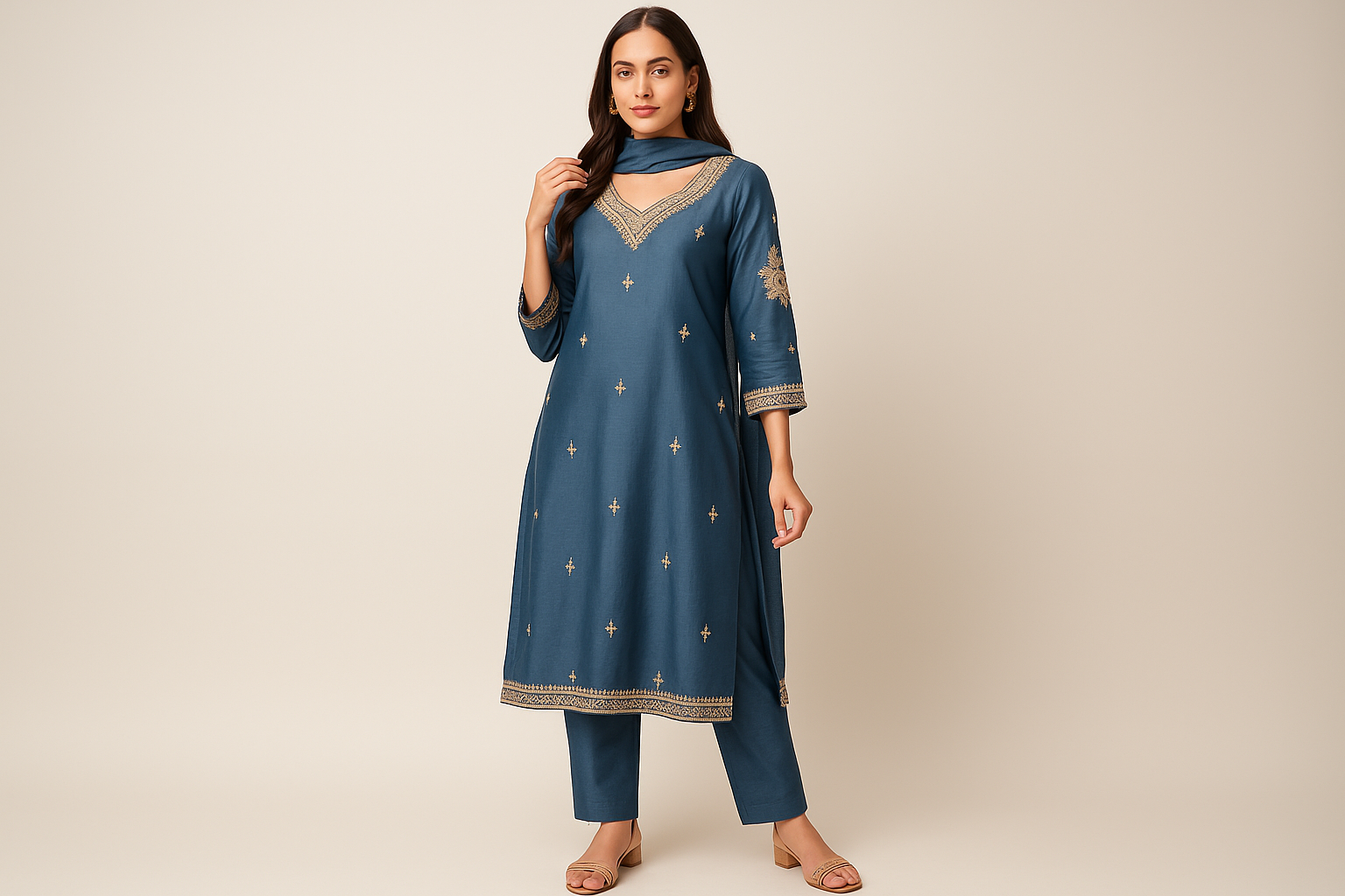 Indian model wearing steel blue embroidered suit