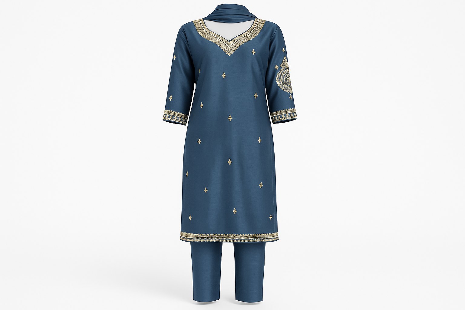 Professional mockup of steel blue embroidered suit set